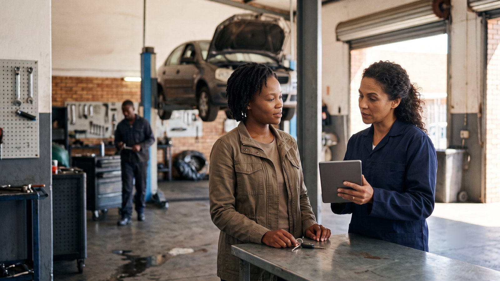 A customer holding her car keys talks with the owner of an independent South African workshop across the service counter, the owner showing her something on a tablet, a car raised on a two-post lift in the bay behind them