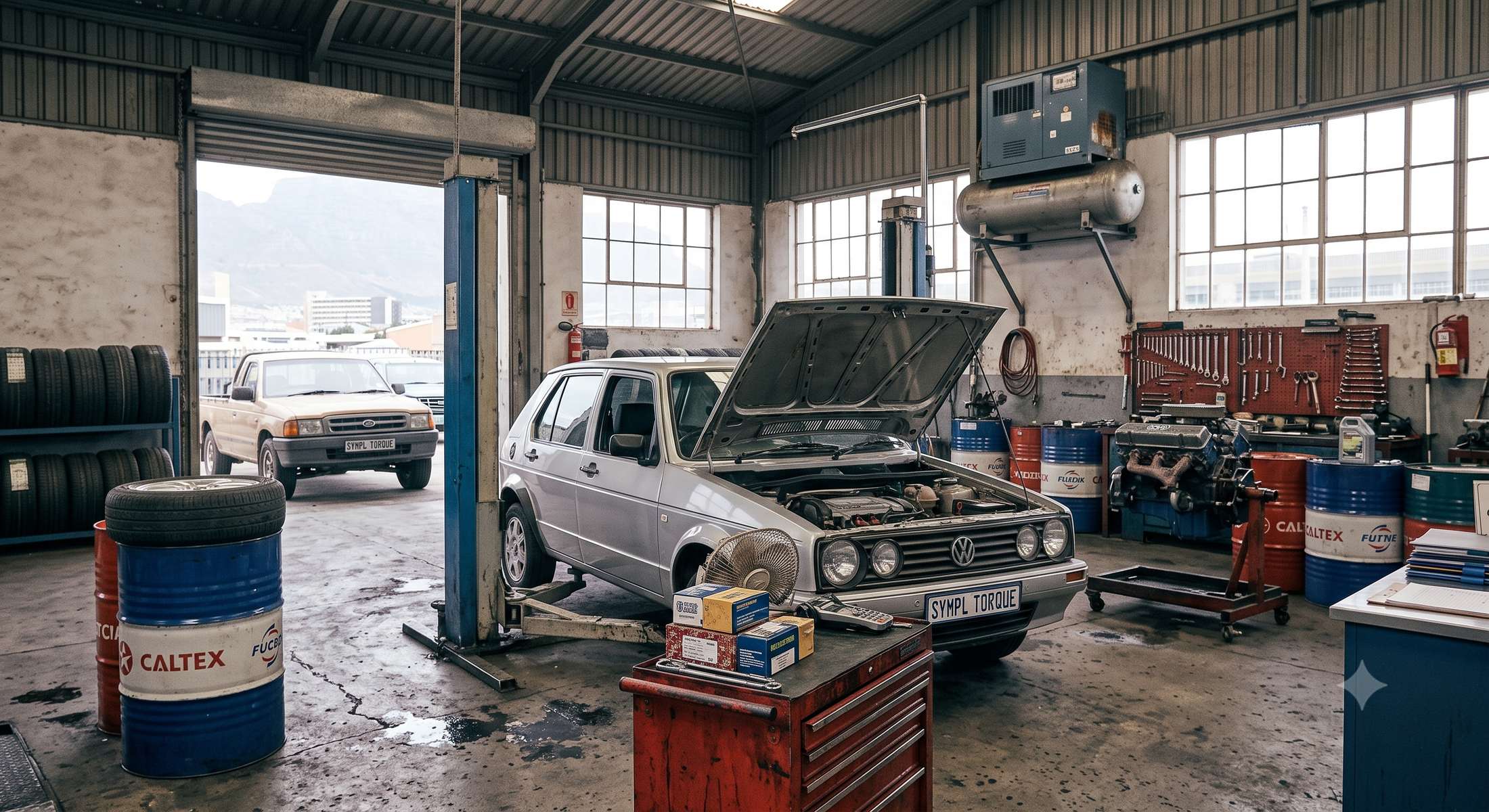 Inside an independent South African workshop, a classic VW Golf up on the lift with the bonnet open, Table Mountain through the roller door