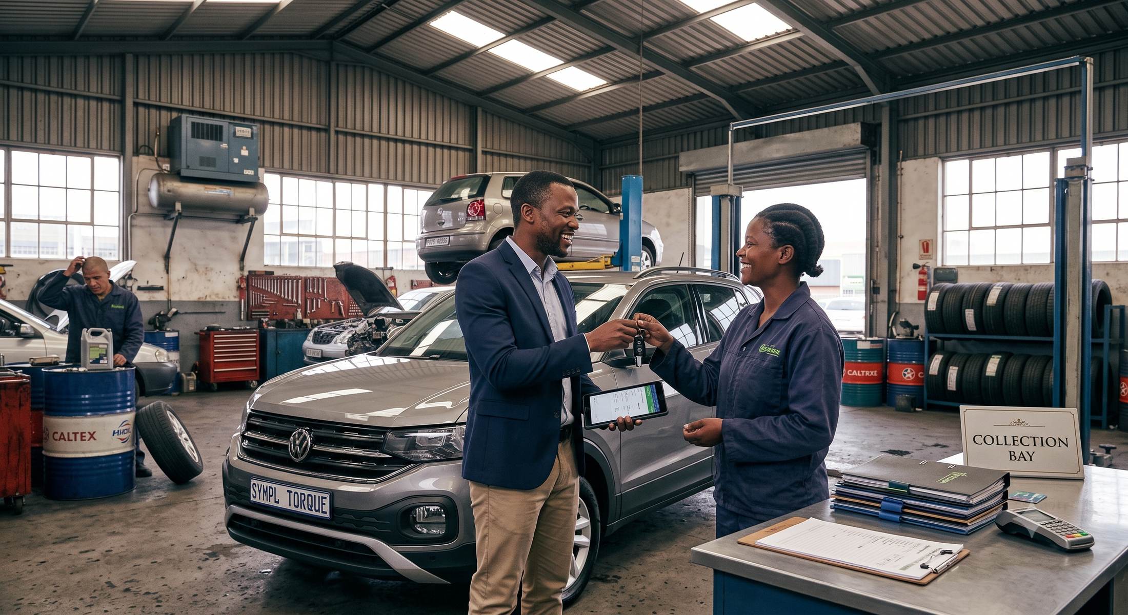 A workshop owner handing car keys back to a happy customer at the collection bay, the SymplTorque app open on a tablet