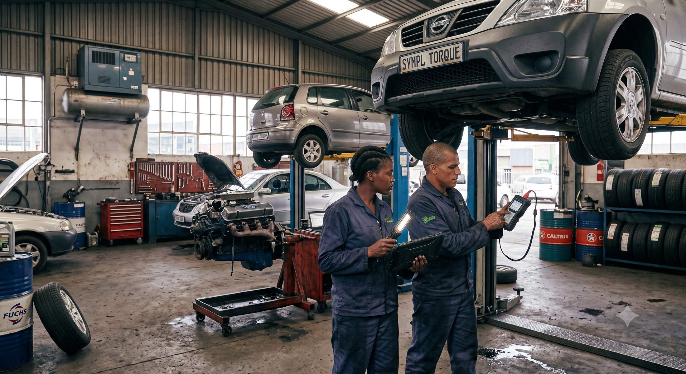 Two South African mechanics running a diagnostic on a vehicle up on the lift in an independent workshop